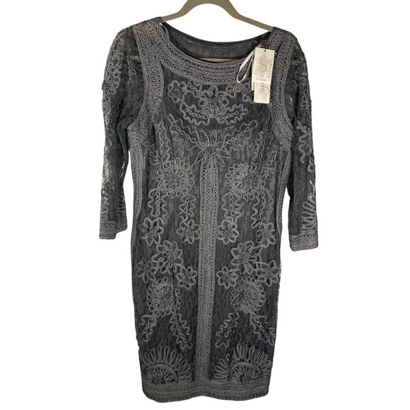 SUE WONG Macrame Illusion Sheath Cocktail Formal Dress Sz 15 gray Designer New - Picture 1 of 11